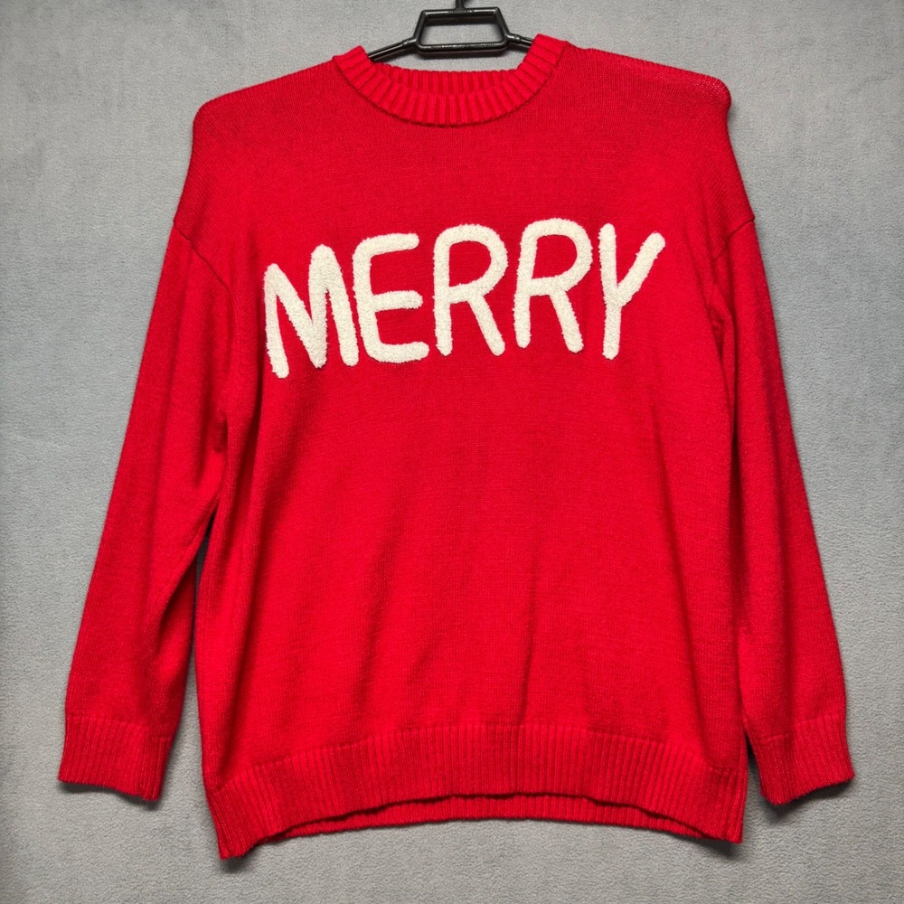 Fashion Mirabeau Oversized Merry Christmas Sweater Holiday Red Textured Graphic
